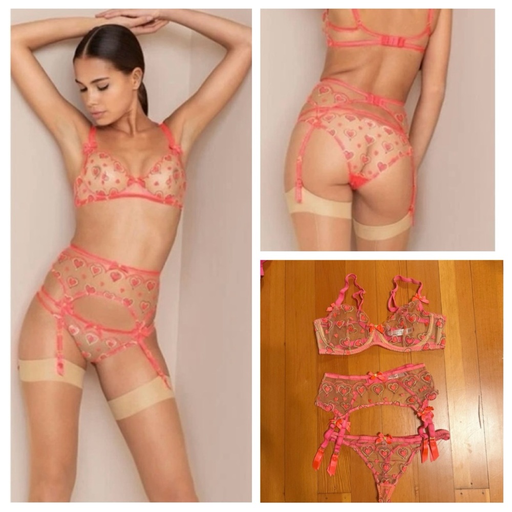 Agent Provocateur Perdia Neon Pink Bra 36C+Garter Belt M+Small